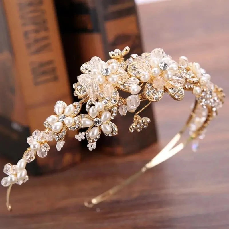 Elegant Bride Crowns Pearl Crystal Flower Wedding Tiara Bridal Hair Accessories