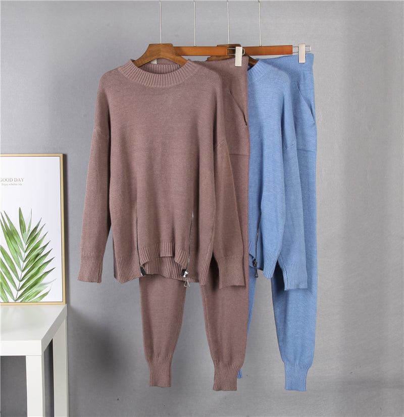 Elegant Cashmere Knitted Sets Women Winter Warm Basil Two Pieces Loose Sweater and Harem Pants Female Tracksuit