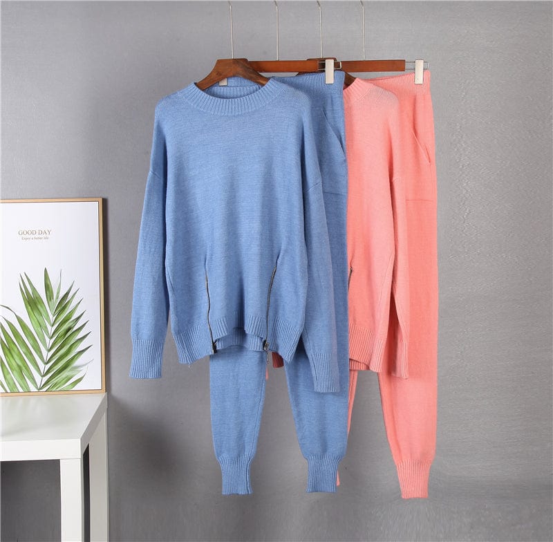 Elegant Cashmere Knitted Sets Women Winter Warm Basil Two Pieces Loose Sweater and Harem Pants Female Tracksuit