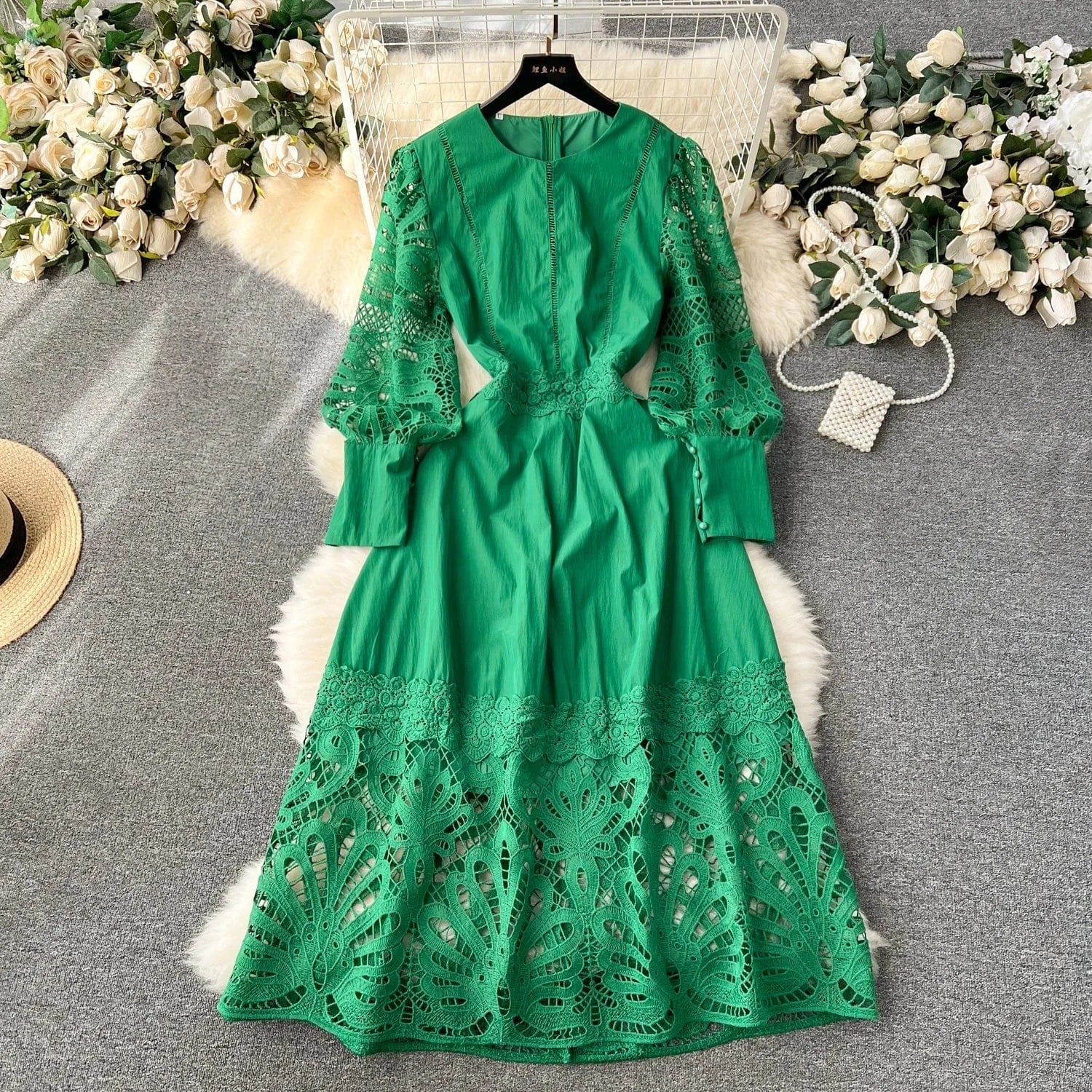 Elegant Casual Fashion Dress Women's Square Neck Fluffy Sleeve Lace Embroidery Dress Autumn New