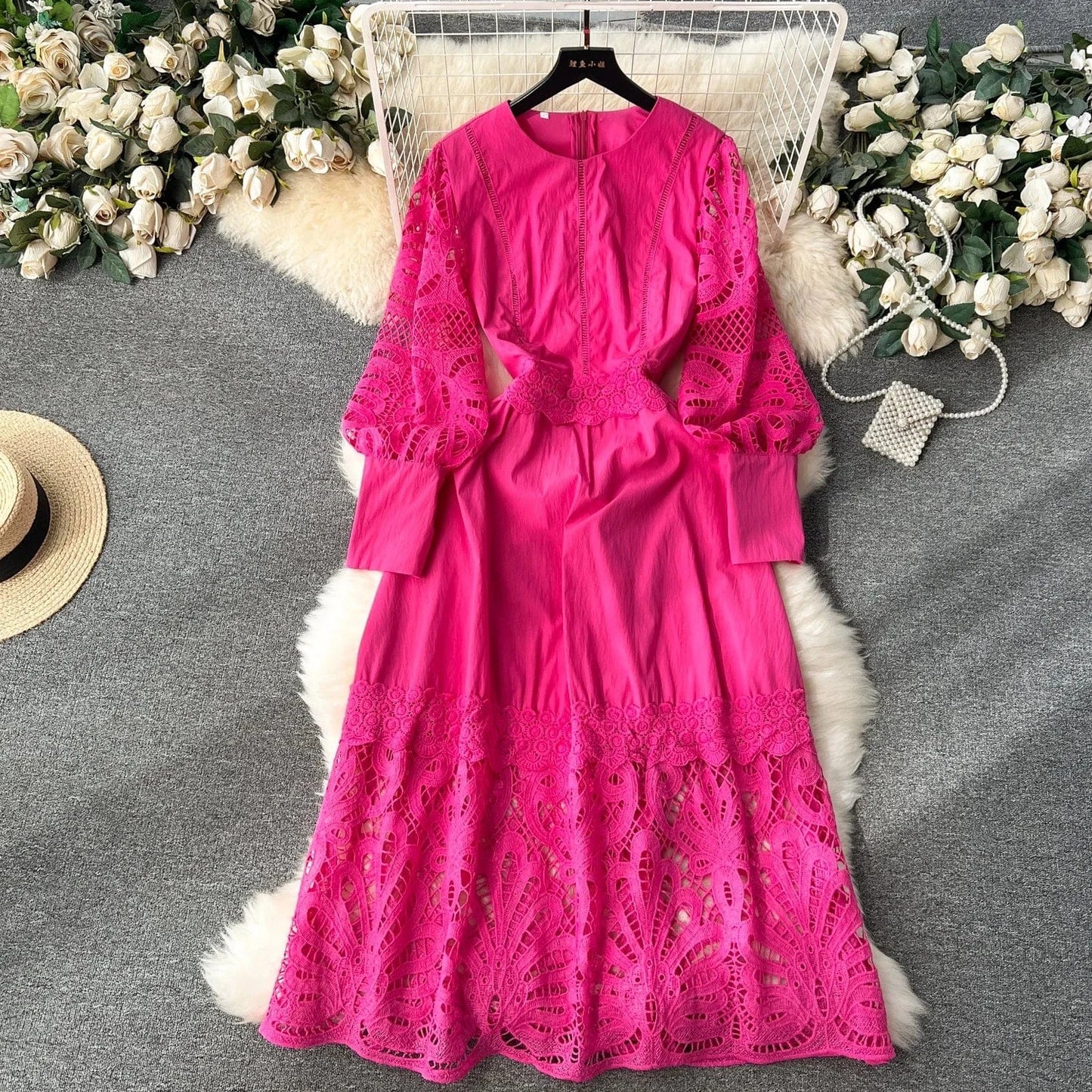 Elegant Casual Fashion Dress Women's Square Neck Fluffy Sleeve Lace Embroidery Dress Autumn New