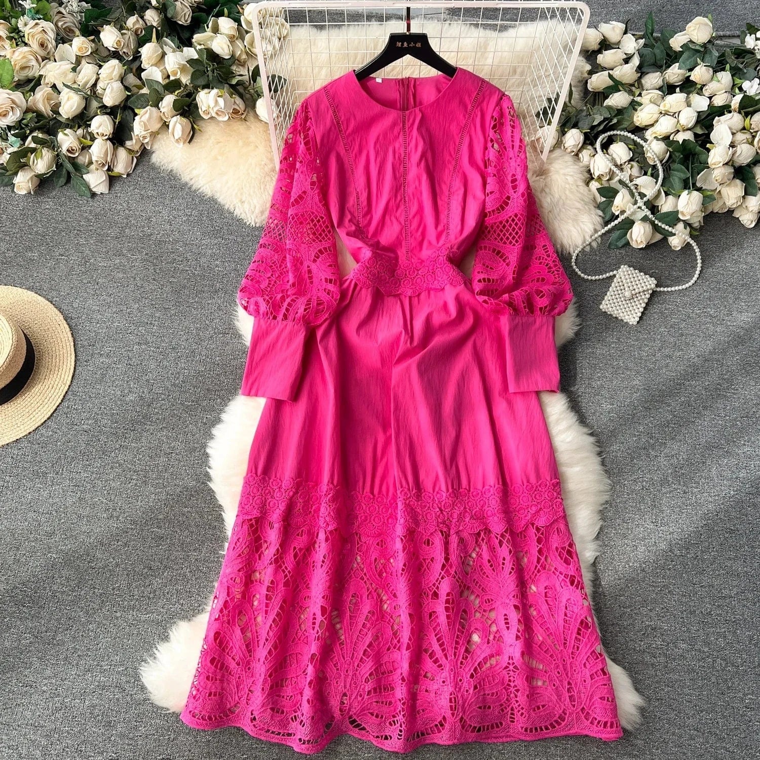 Elegant Casual Fashion Dress Women's Square Neck Fluffy Sleeve Lace Embroidery Dress Autumn New