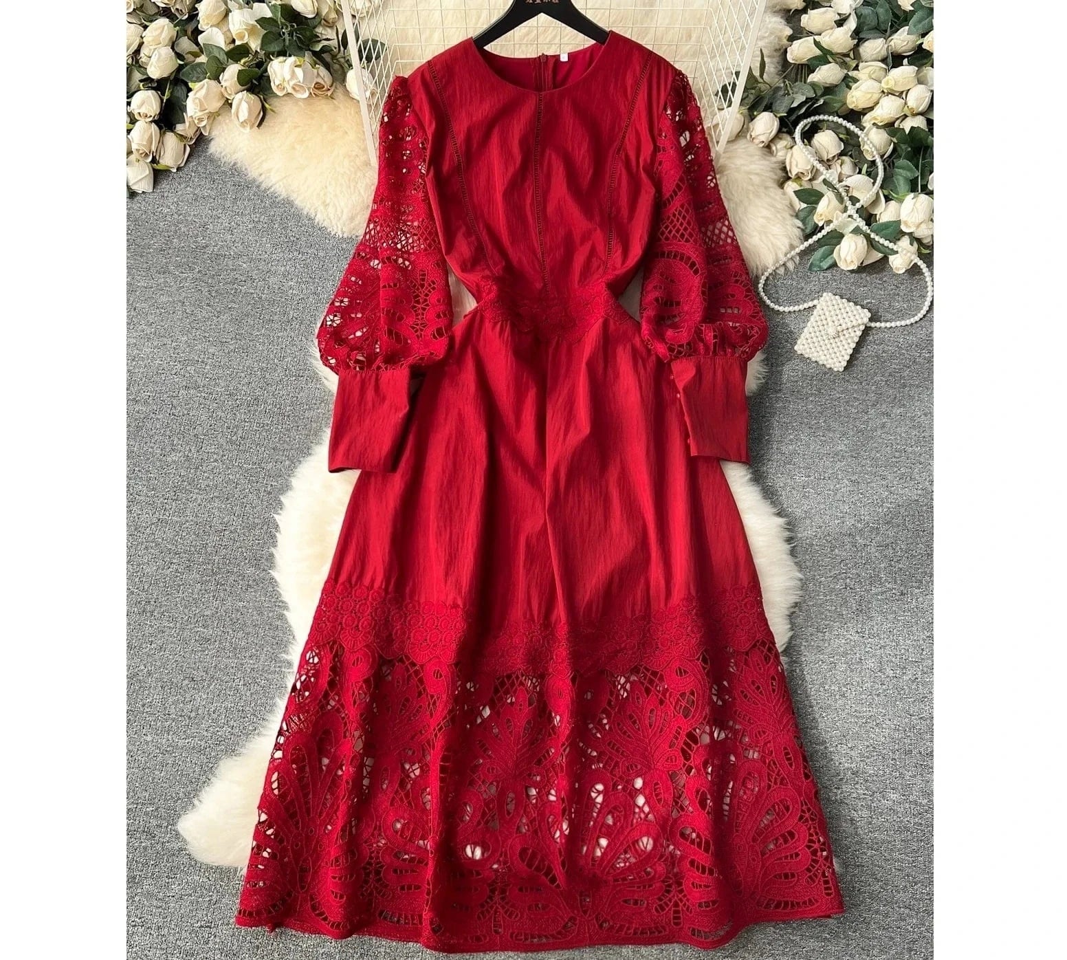 Elegant Casual Fashion Dress Women's Square Neck Fluffy Sleeve Lace Embroidery Dress Autumn New