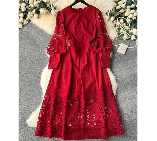 Elegant Casual Fashion Dress Women's Square Neck Fluffy Sleeve Lace Embroidery Dress Autumn New