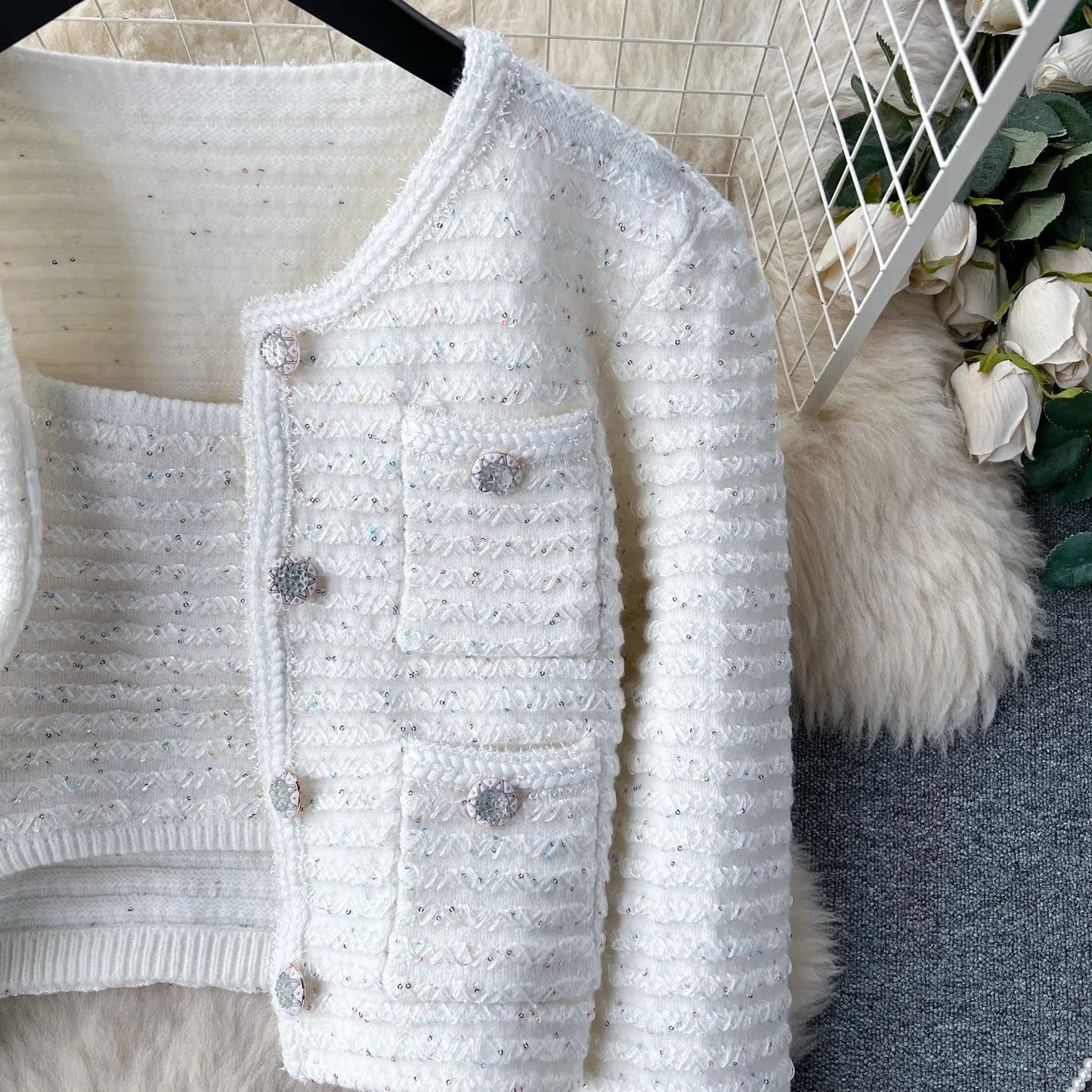 Elegant Casual Short Cardigan Sequin Knitted Set Autumn New Mini Skirt Set   Shorts Two Piece Women's Clothing