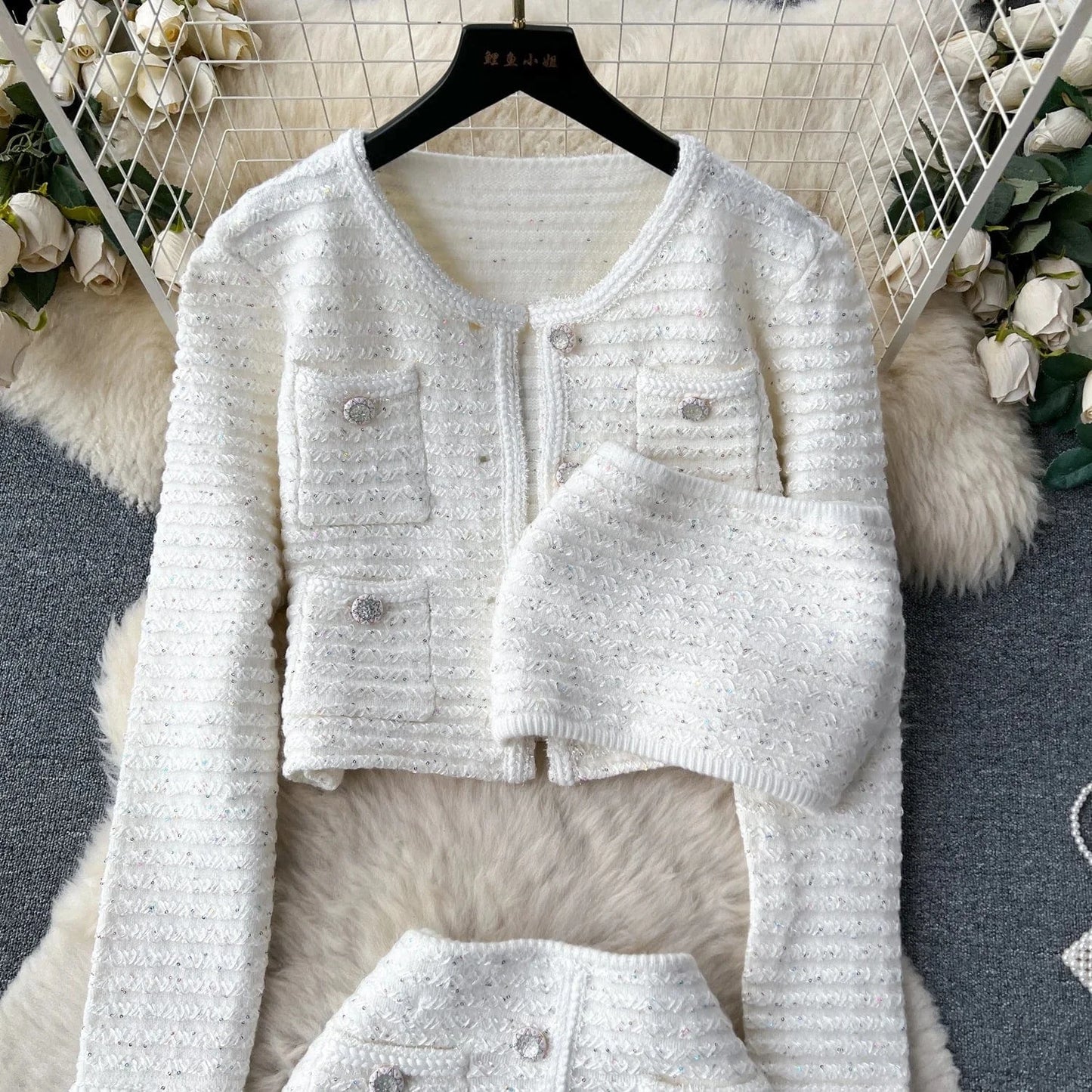Elegant Casual Short Cardigan Sequin Knitted Set Autumn New Mini Skirt Set   Shorts Two Piece Women's Clothing