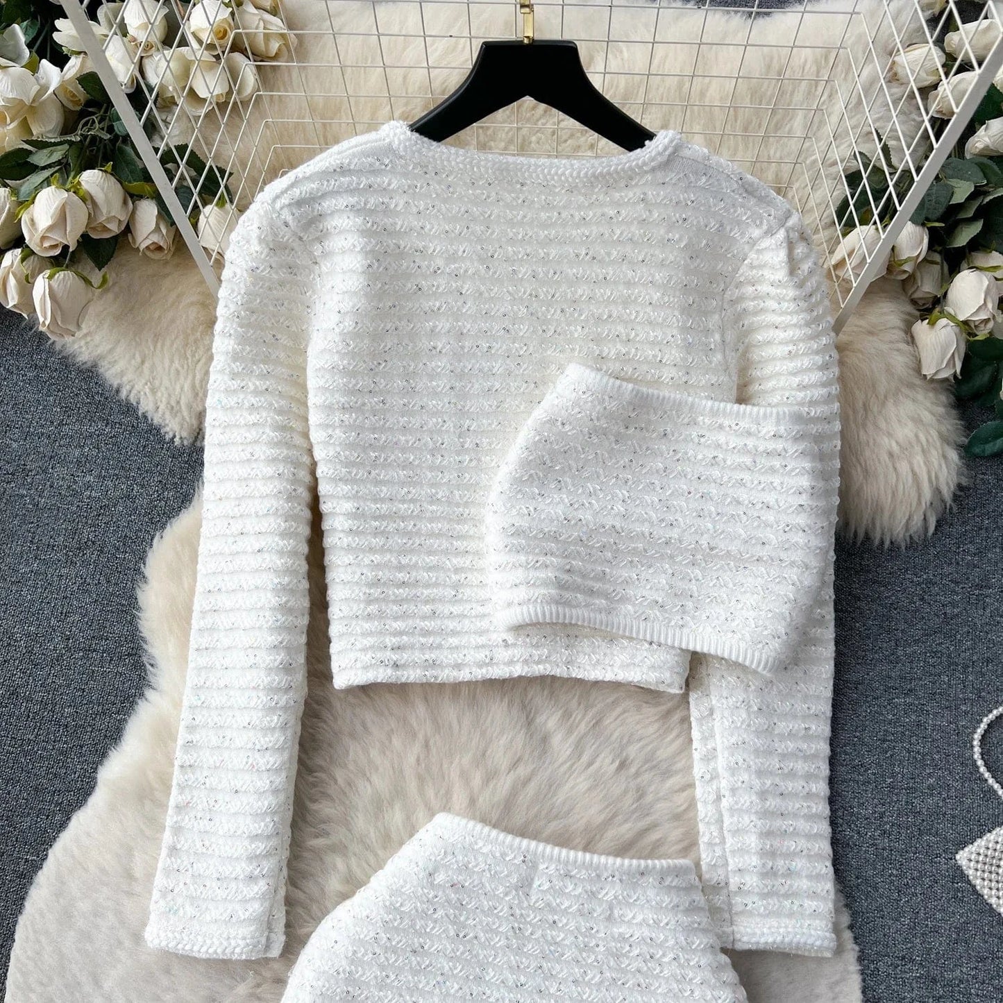Elegant Casual Short Cardigan Sequin Knitted Set Autumn New Mini Skirt Set   Shorts Two Piece Women's Clothing