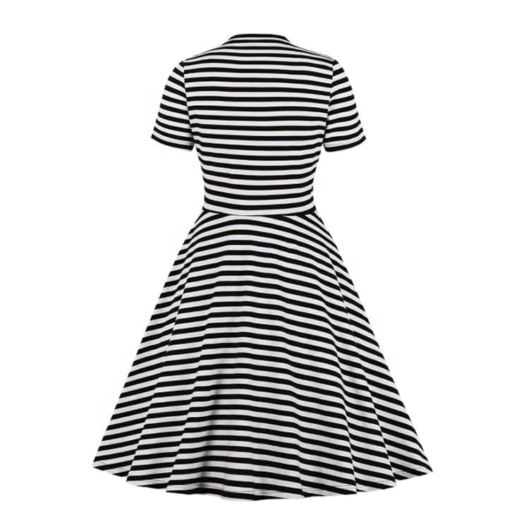 Elegant Casual Vintage Woman O-neck Knee-length A-line Horizontal Striped Dresses Striped Short Sleeve Tether Elasticity Dress