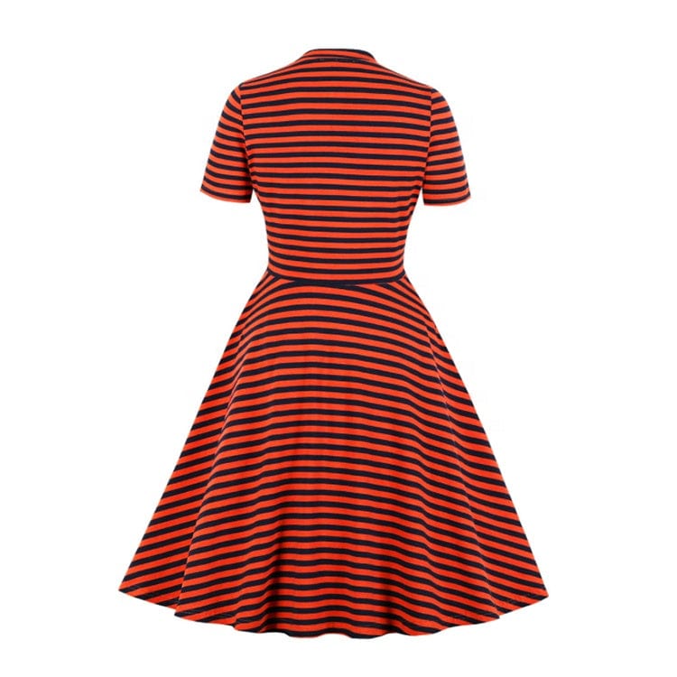 Elegant Casual Vintage Woman O-neck Knee-length A-line Horizontal Striped Dresses Striped Short Sleeve Tether Elasticity Dress