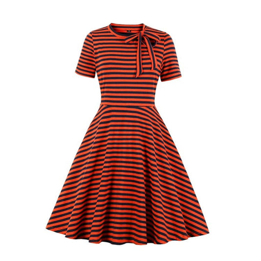 Elegant Casual Vintage Woman O-neck Knee-length A-line Horizontal Striped Dresses Striped Short Sleeve Tether Elasticity Dress