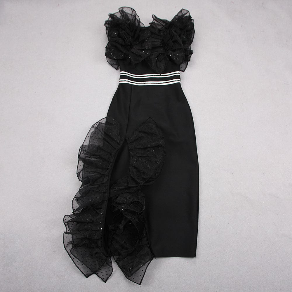 Elegant Casual Women Ruffle Midi Dresses Shiny Mesh High Split Lady Bandage Dress