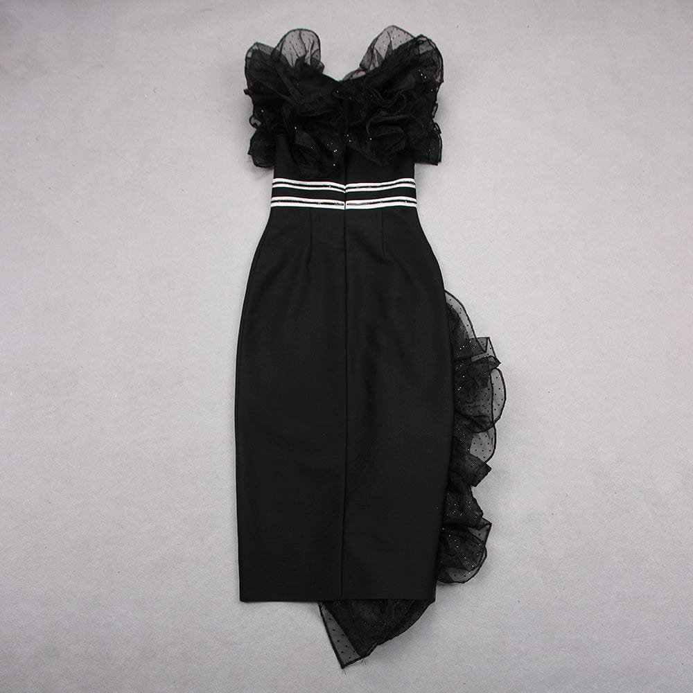 Elegant Casual Women Ruffle Midi Dresses Shiny Mesh High Split Lady Bandage Dress