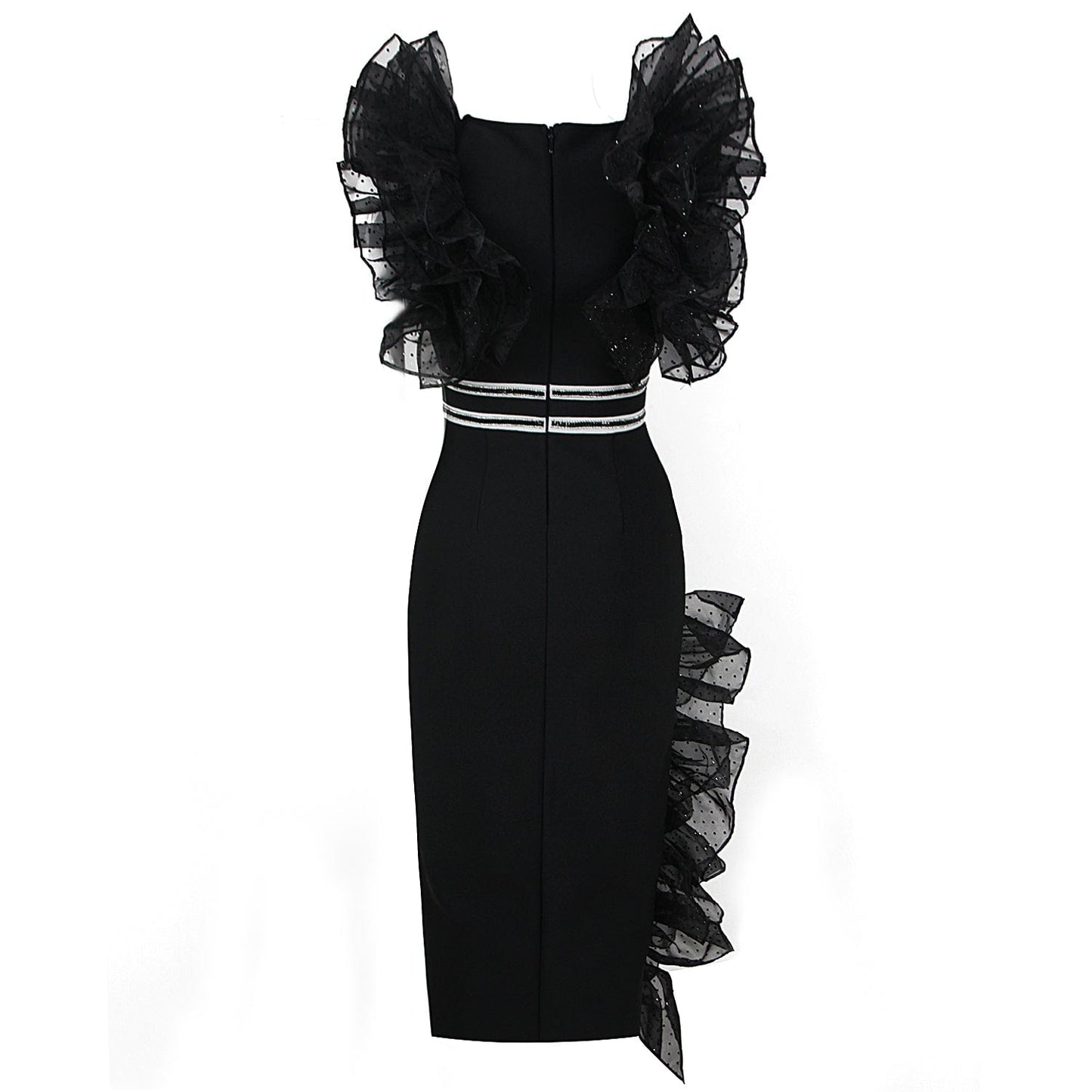 Elegant Casual Women Ruffle Midi Dresses Shiny Mesh High Split Lady Bandage Dress