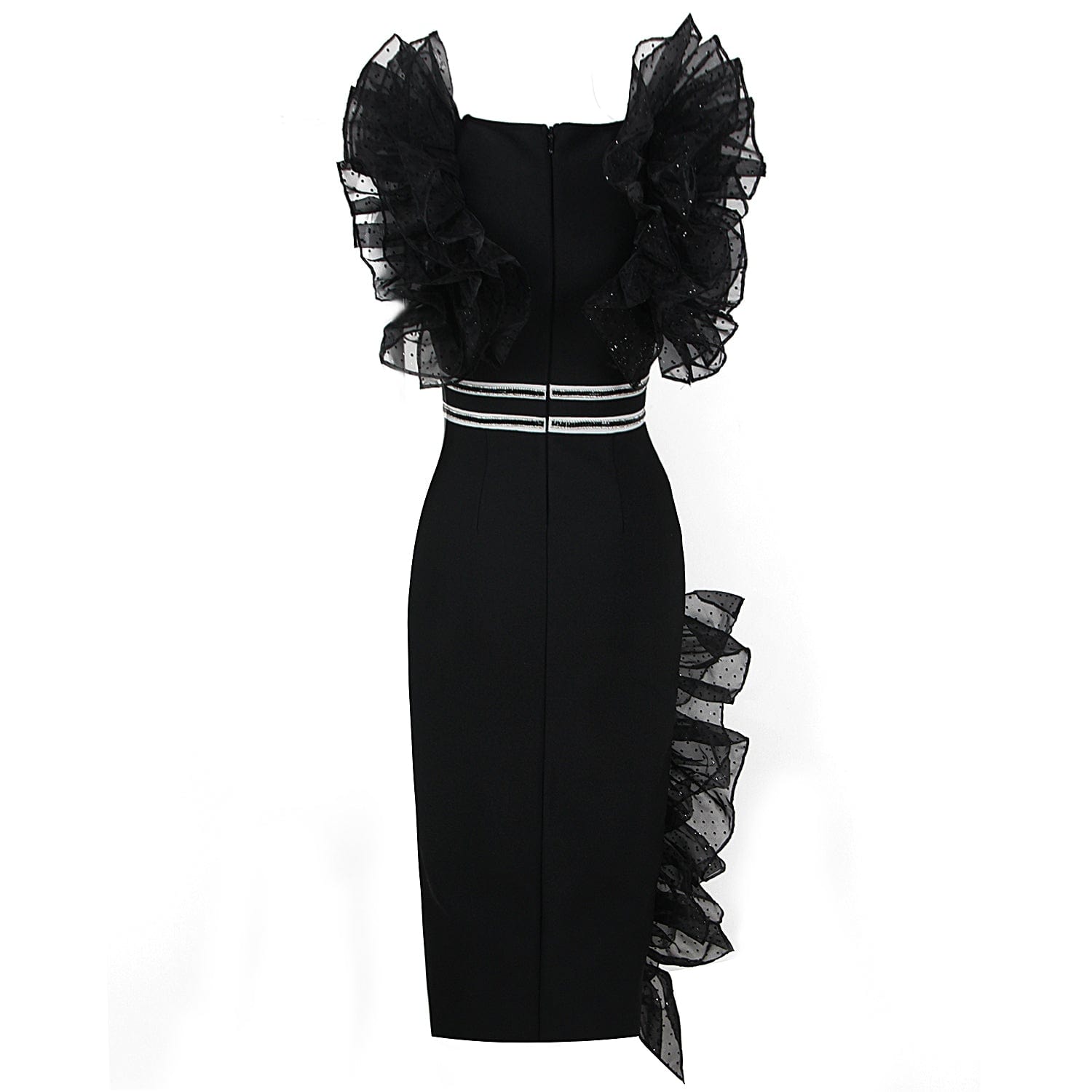 Elegant Casual Women Ruffle Midi Dresses Shiny Mesh High Split Lady Bandage Dress