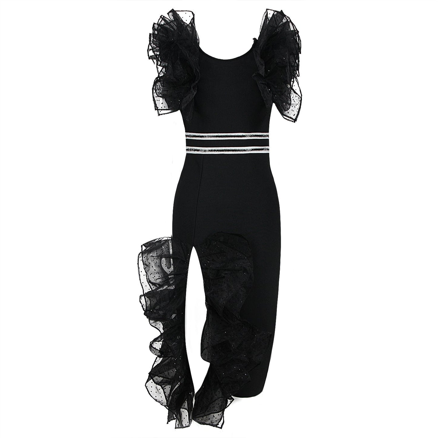 Elegant Casual Women Ruffle Midi Dresses Shiny Mesh High Split Lady Bandage Dress