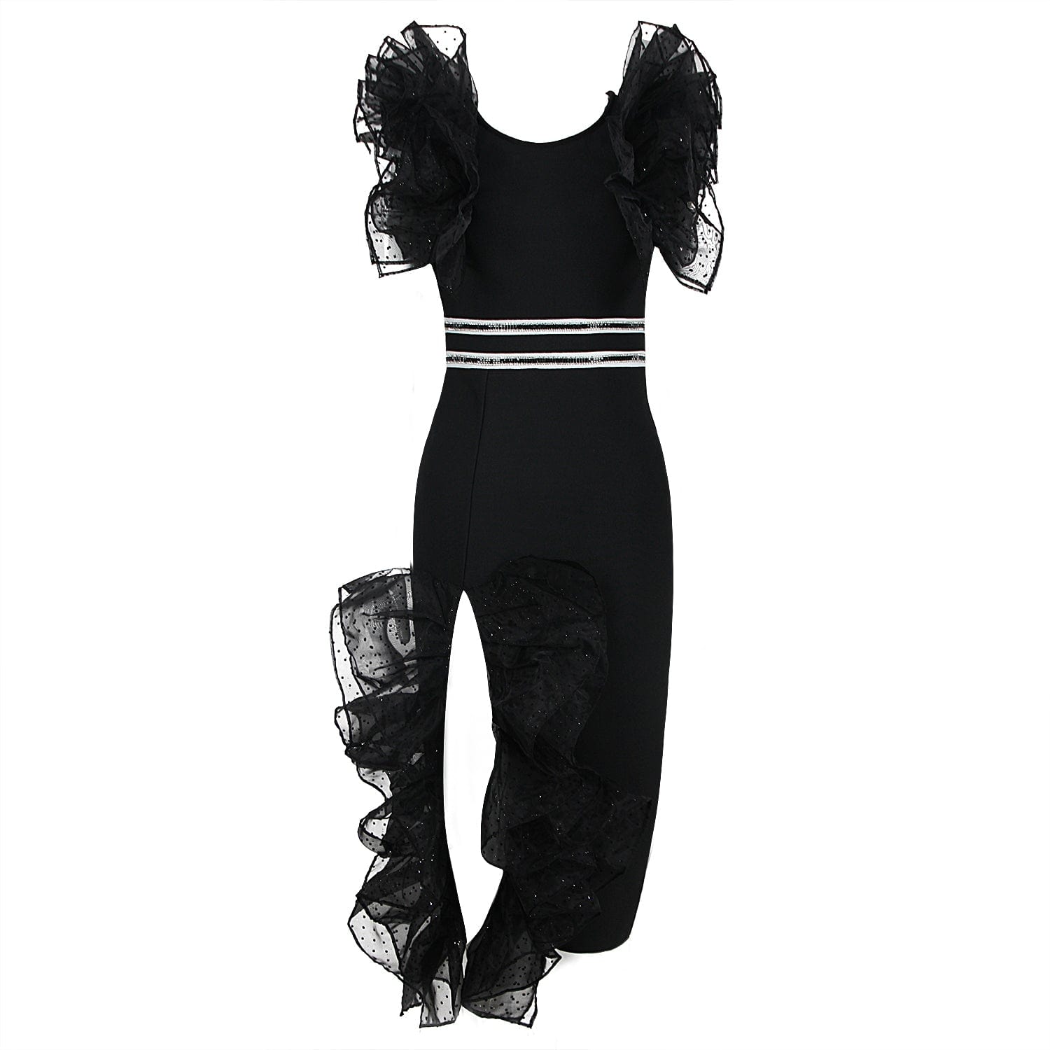 Elegant Casual Women Ruffle Midi Dresses Shiny Mesh High Split Lady Bandage Dress