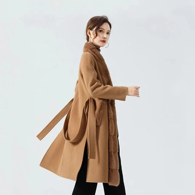 Elegant Double Sided Wool Coat Detachable Real Mink Fur Trim Ladies Cashmere Coat