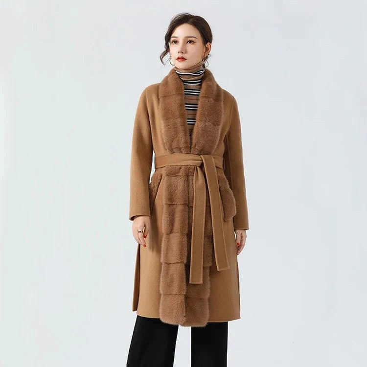 Elegant Double Sided Wool Coat Detachable Real Mink Fur Trim Ladies Cashmere Coat