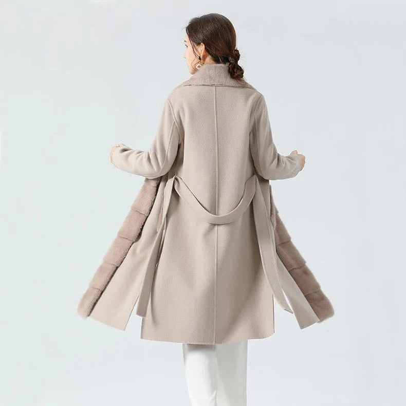 Elegant Double Sided Wool Coat Detachable Real Mink Fur Trim Ladies Cashmere Coat