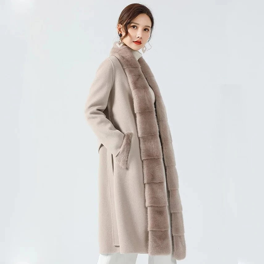 Elegant Double Sided Wool Coat Detachable Real Mink Fur Trim Ladies Cashmere Coat