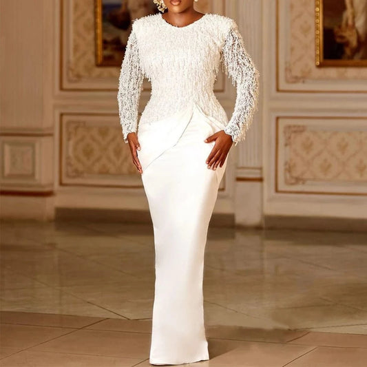 Elegant Full Sleeves Tassels Christmas Plus Size Women White Dresses
