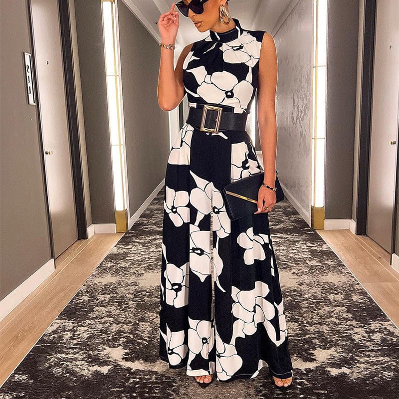 Elegant Jumpsuit for Women Halter Floral Print Long Wide Leg Pants Party Office Wear Fashion Jumpsuit 2023 Summer Rompers