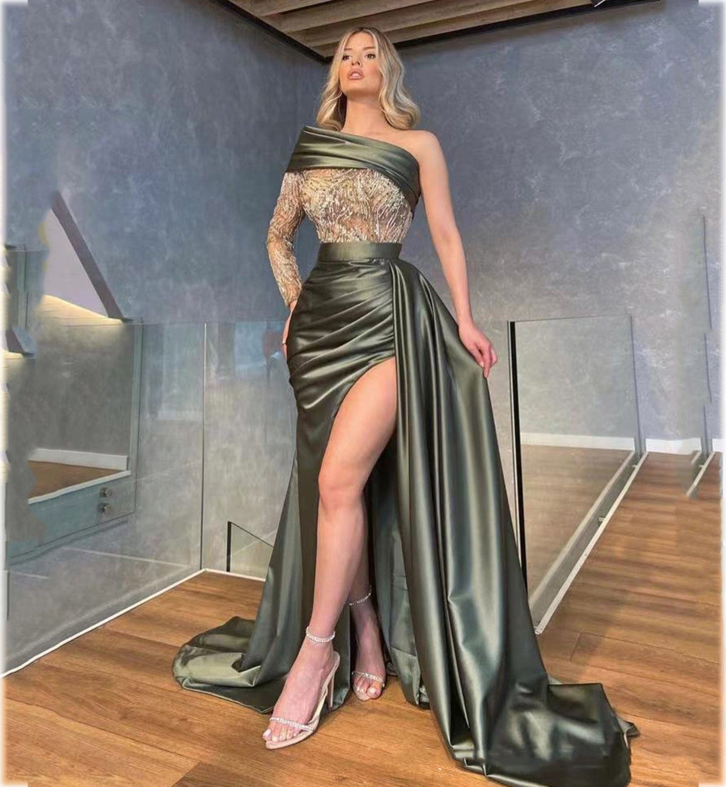 Elegant Lace Satin Evening Dress Trendy Fashion Sexy Irregular Split Lady Casual Dress