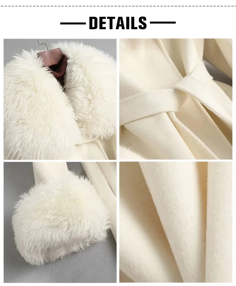 Elegant Ladies Belted Cashmere Coat Turn Down Collar Handmade Wool Coats With Fur