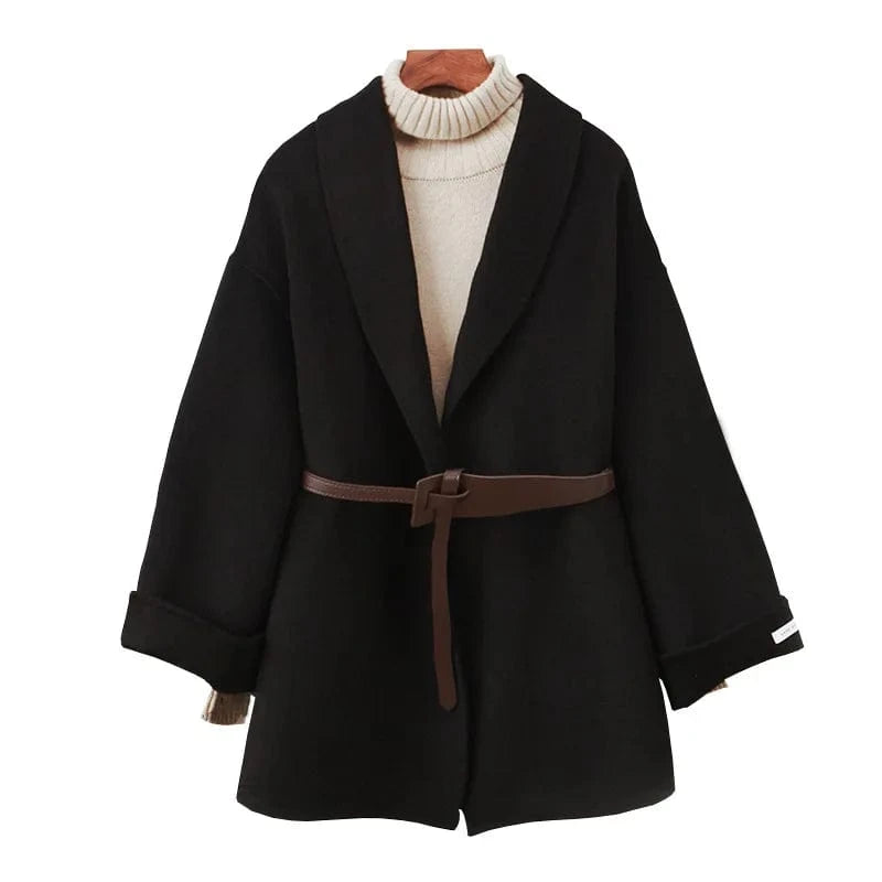 Elegant Ladies Turn Down Collar Cashmere Coat Fashion Loose Women Belted Wool Coat