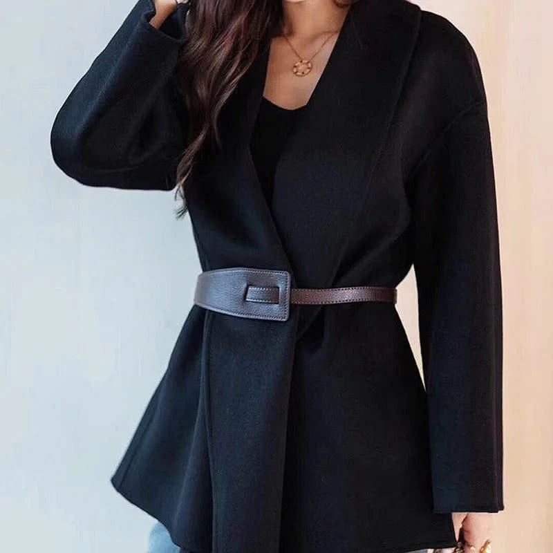 Elegant Ladies Turn Down Collar Cashmere Coat Fashion Loose Women Belted Wool Coat