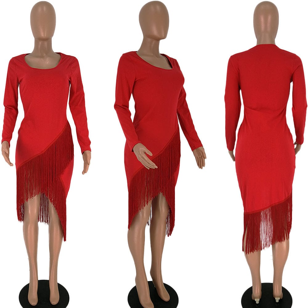 elegant lady irregular long sleeve slim tight bodycon fringe tassel club dress