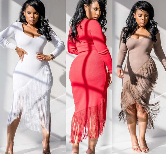 elegant lady irregular long sleeve slim tight bodycon fringe tassel club dress