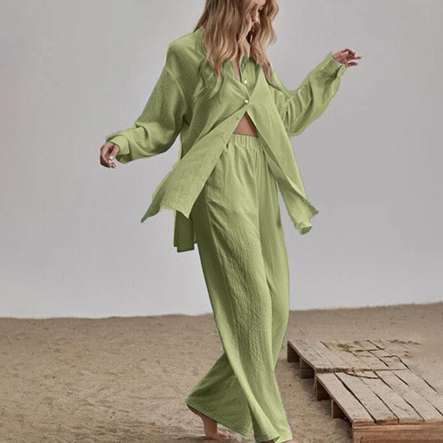 Elegant Loose Women Shirt Trouser Suits Long Sleeve Lapel Shirts And Elastic High waist Pants 2 Pieces Set Fashion Office Outfit