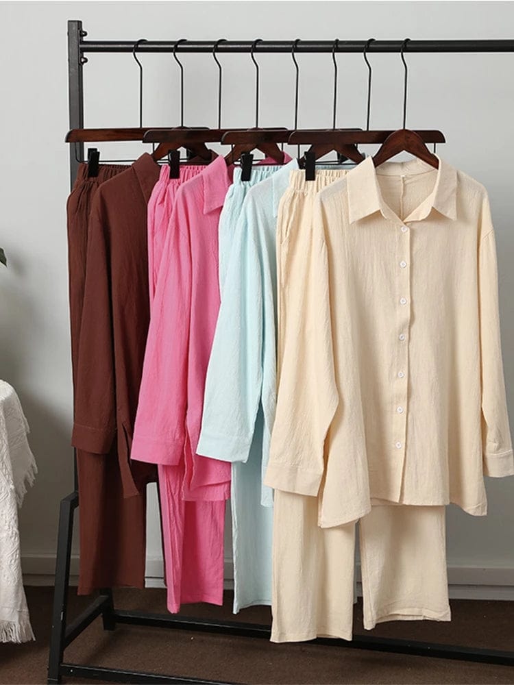 Elegant Loose Women Shirt Trouser Suits Long Sleeve Lapel Shirts And Elastic High waist Pants 2 Pieces Set Fashion Office Outfit