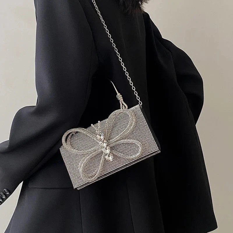 Elegant Luxury Evening Diamonds Clutch Bag Female Matel Handle Flap Crossbody Bags Women Party Butterfly Rhinestone Handbags