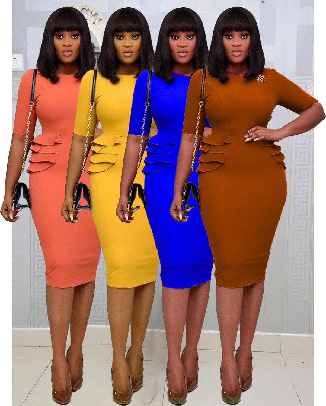 Elegant O Neck Bodycon Half Sleeves Ruffles Casual Office Ladies Dress