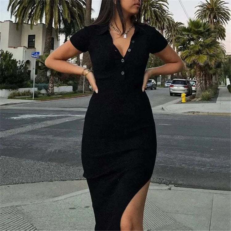 Elegant Office Lady Long Dress Women Solid Fashion Turn-down Collar Short Sleeve Button Side Split Street Bodycon Dress