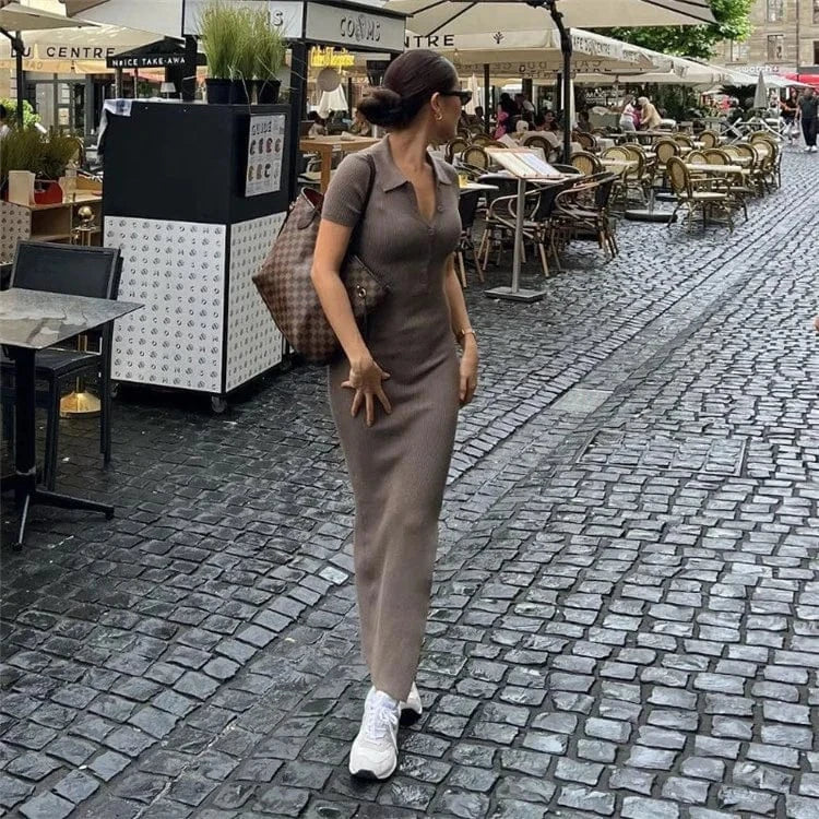 Elegant Office Lady Long Dress Women Solid Fashion Turn-down Collar Short Sleeve Button Side Split Street Bodycon Dress