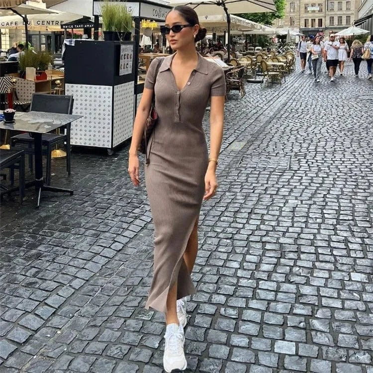 Elegant Office Lady Long Dress Women Solid Fashion Turn-down Collar Short Sleeve Button Side Split Street Bodycon Dress