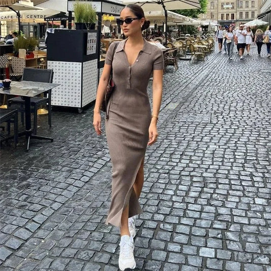 Elegant Office Lady Long Dress Women Solid Fashion Turn-down Collar Short Sleeve Button Side Split Street Bodycon Dress