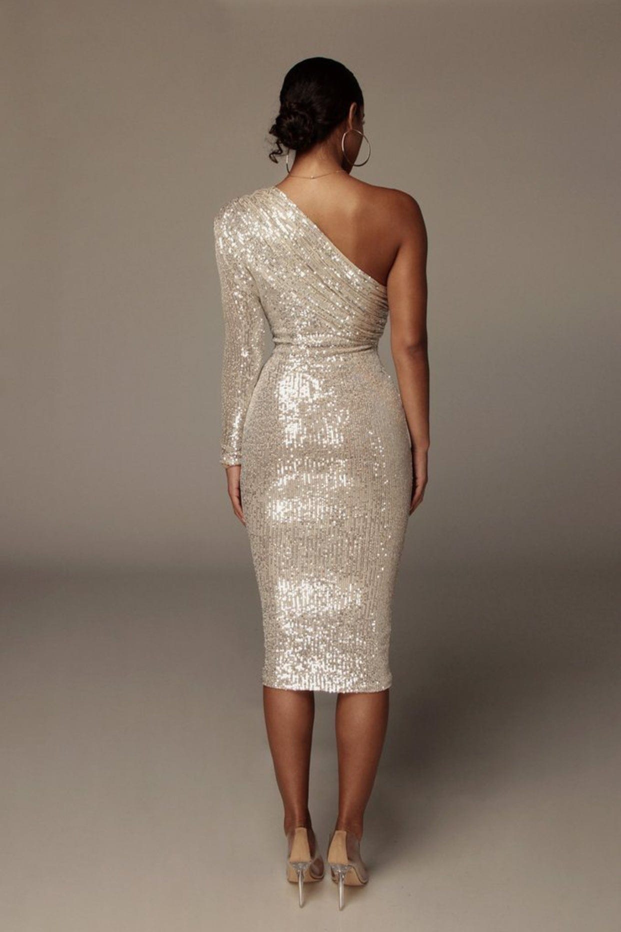 Elegant One Shoulder Long Sleeve Dresses Women Empire Sequin Gown Evening Dress