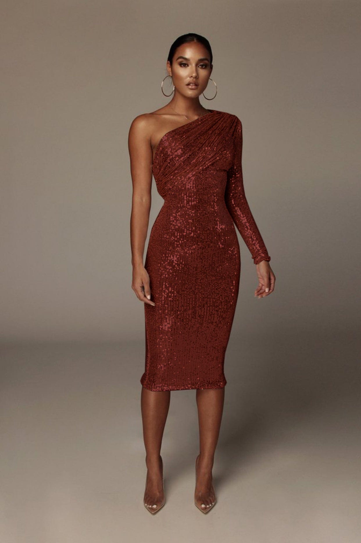 Elegant One Shoulder Long Sleeve Dresses Women Empire Sequin Gown Evening Dress