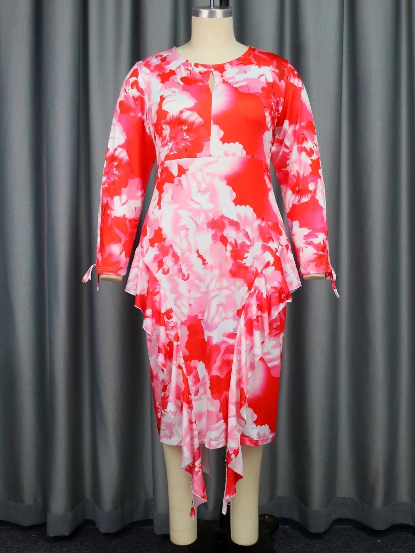 Elegant Oversized Red Full Sleeves Party Ruffle Women Evening Dresses