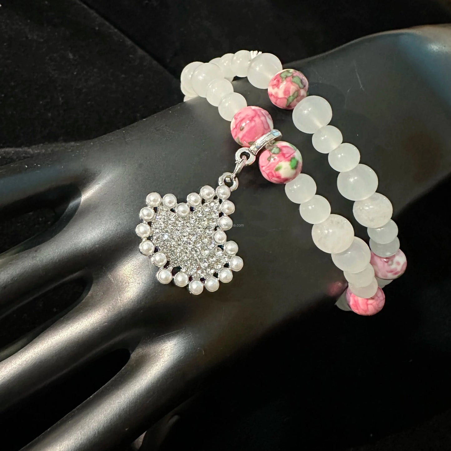 Elegant Pink Green Candy Color White Beads Maple Leaf Pearl Rhinestone Pendant Transparent Natural Stone Chain Bracelet Jewelry