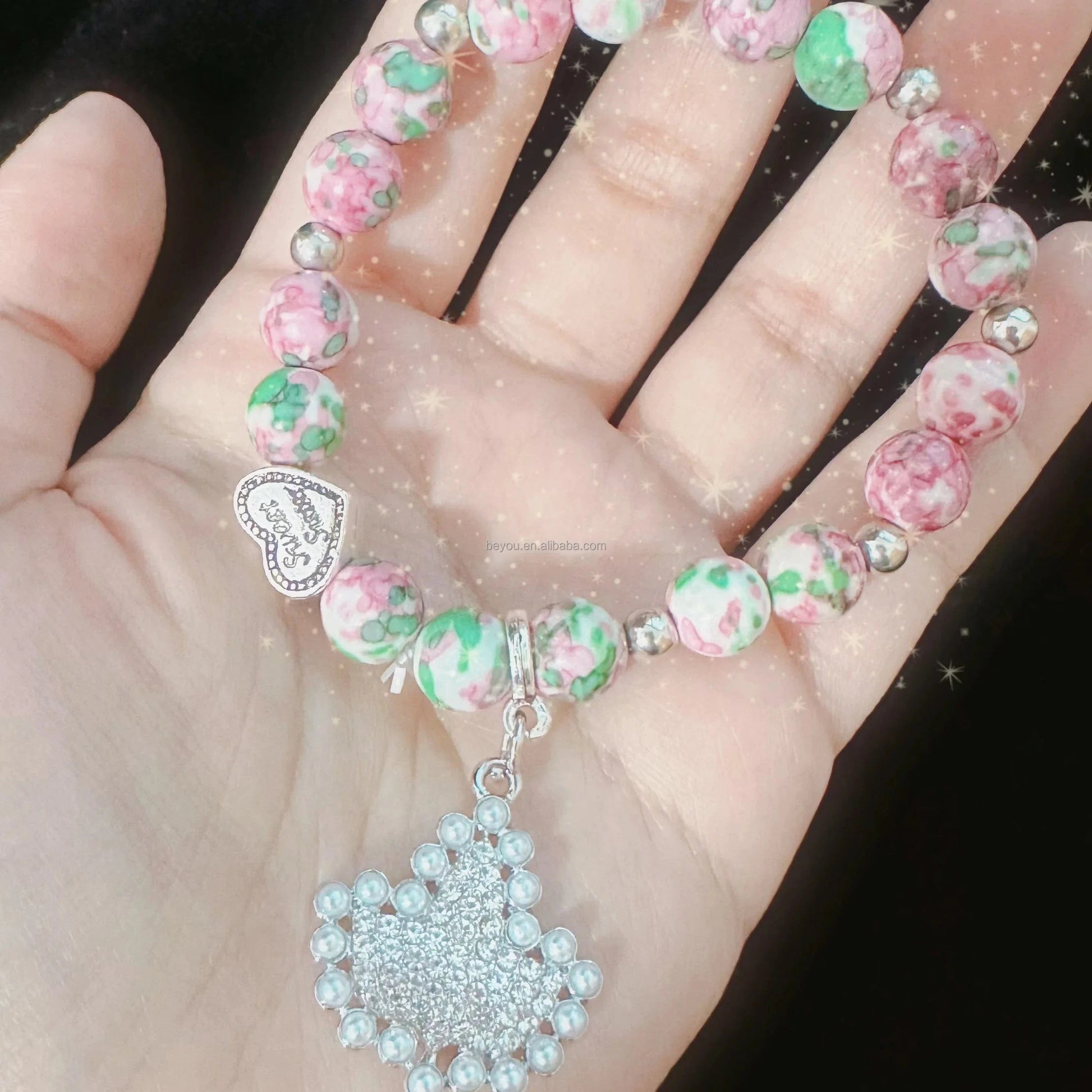 Elegant Pink Green Candy Color White Beads Maple Leaf Pearl Rhinestone Pendant Transparent Natural Stone Chain Bracelet Jewelry