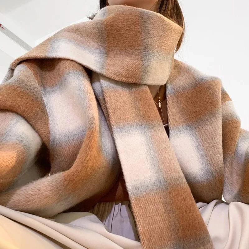 Elegant Plaid Korean Wool Overcoat Women Long Wool Winter Coat with Tassel Scarf