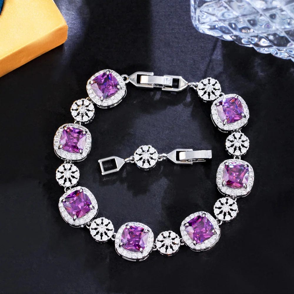 Elegant Purple Stone Square Cubic Zirconia White Gold Plated Women Wedding Dress Bracelets Jewelry for Ladies Accessories Gifts