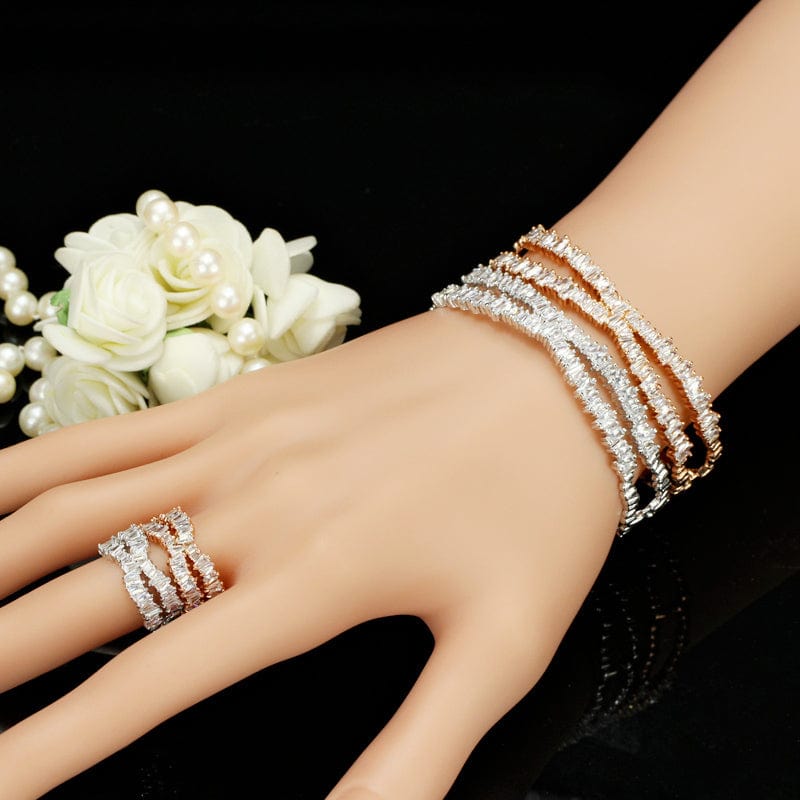 Elegant Rose Gold Plated Cubic Zircon Stone X Shaped Cuff Bangle and Ring Fashion Jewellery Set for Women Party Wear Accessories