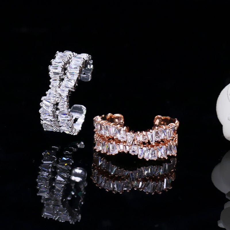 Elegant Rose Gold Plated Cubic Zircon Stone X Shaped Cuff Bangle and Ring Fashion Jewellery Set for Women Party Wear Accessories