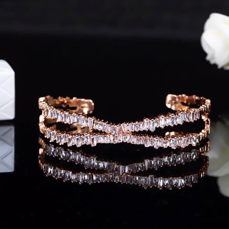 Elegant Rose Gold Plated Cubic Zircon Stone X Shaped Cuff Bangle and Ring Fashion Jewellery Set for Women Party Wear Accessories